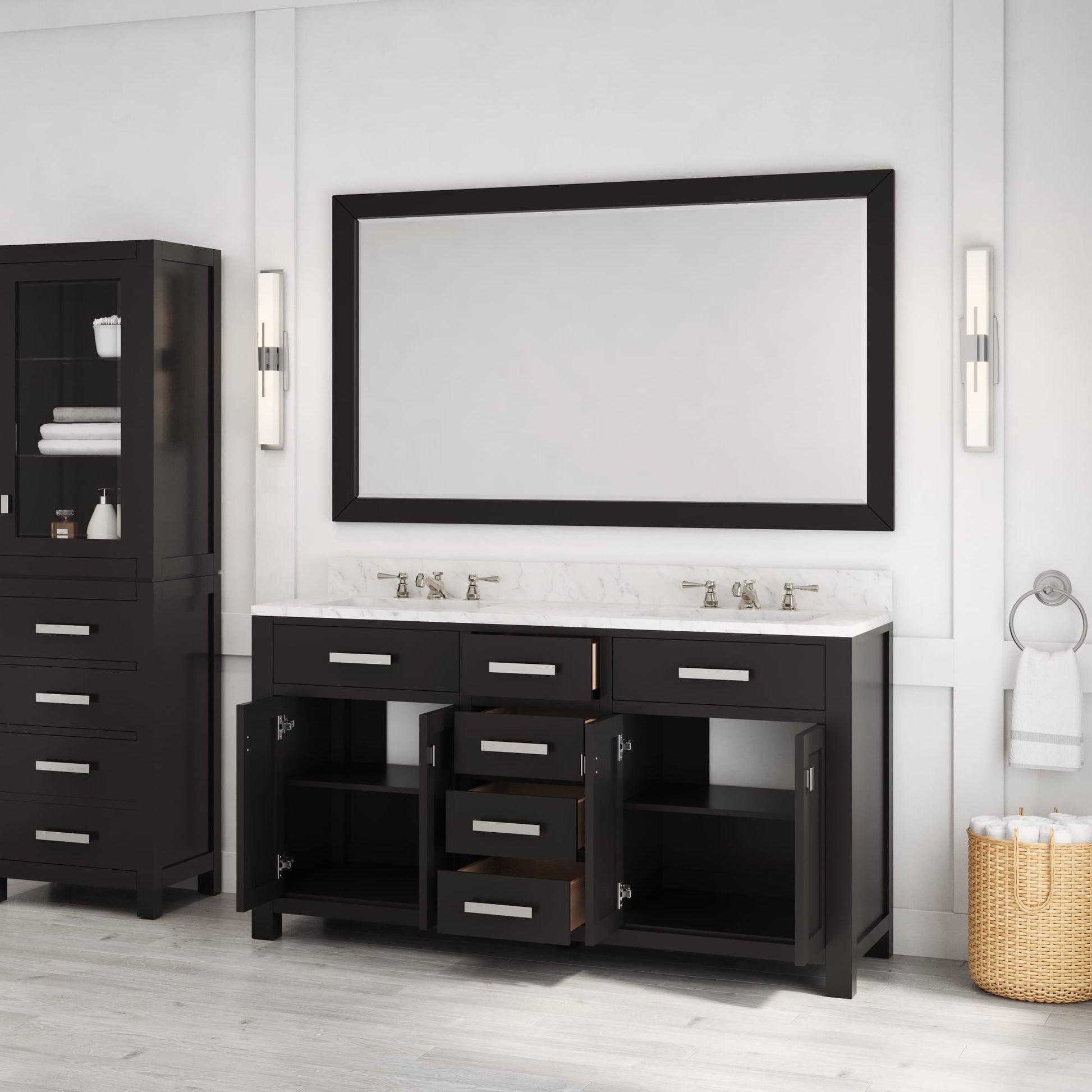 Madison 60 in. W x 21.5 in. D x 34 in. H Double Sink Bath Vanity in Espresso with Carrara White Marble Top | Water Creation