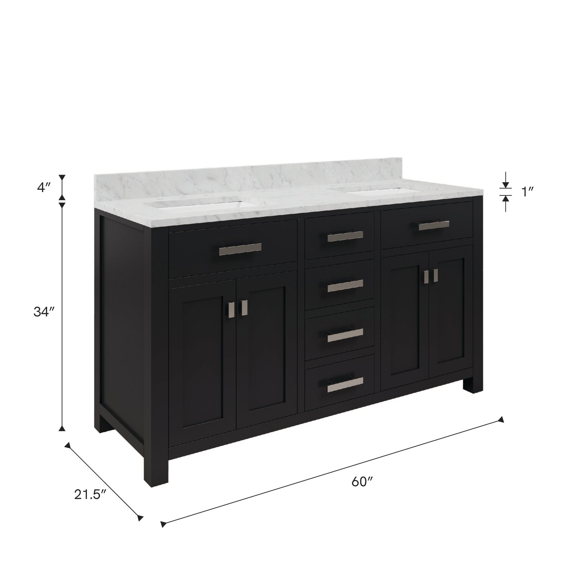 Madison 60 in. W x 21.5 in. D x 34 in. H Double Sink Bath Vanity in Espresso with Carrara White Marble Top | Water Creation