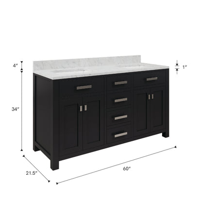 Madison 60 in. W x 21.5 in. D x 34 in. H Double Sink Bath Vanity in Espresso with Carrara White Marble Top | Water Creation