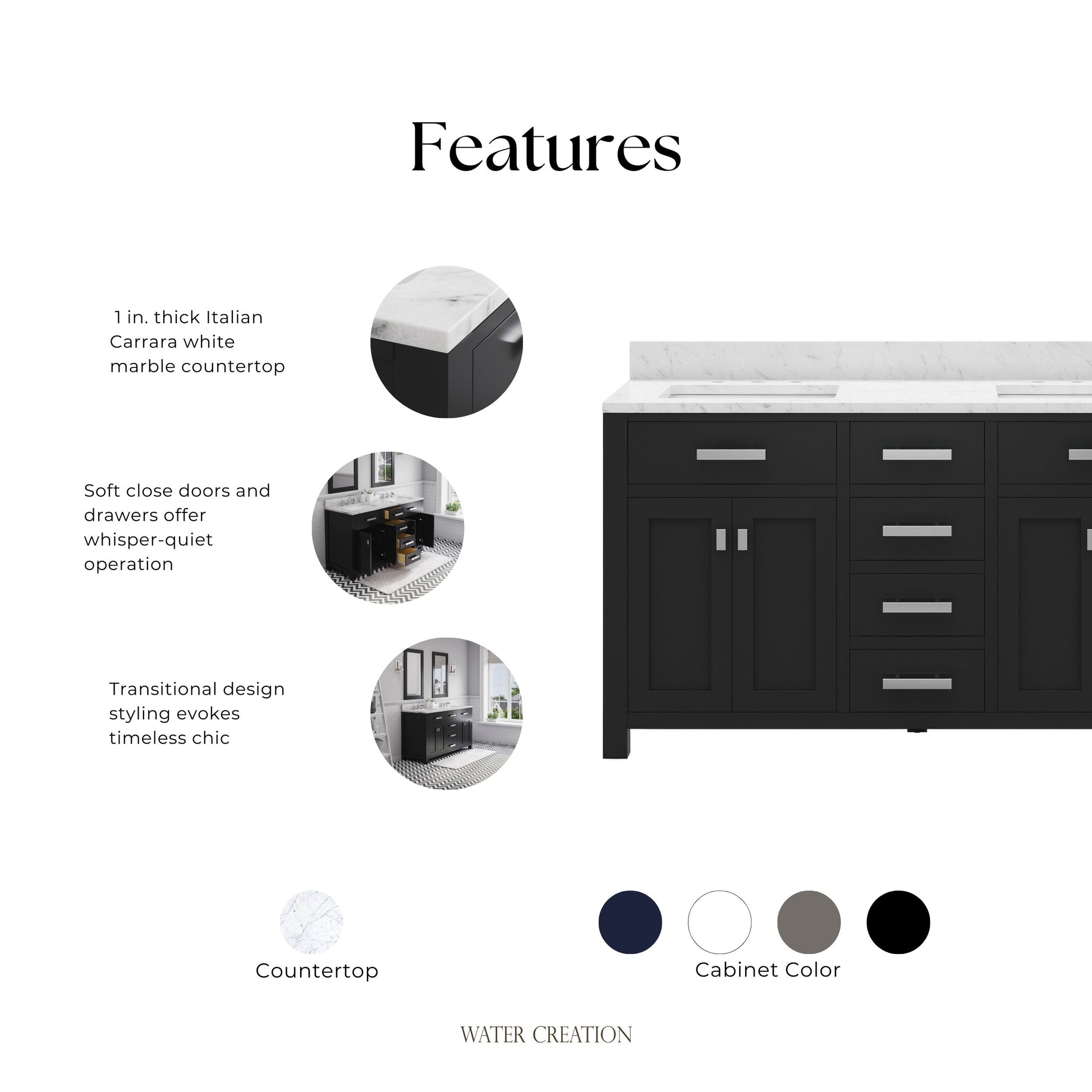 Madison 60 in. W x 21.5 in. D x 34 in. H Double Sink Bath Vanity in Espresso with Carrara White Marble Top | Water Creation