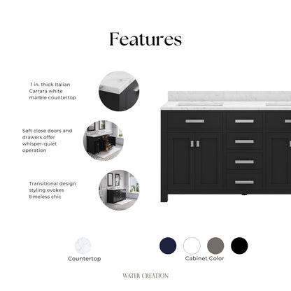 Madison 60 in. W x 21.5 in. D x 34 in. H Double Sink Bath Vanity in Espresso with Carrara White Marble Top | Water Creation