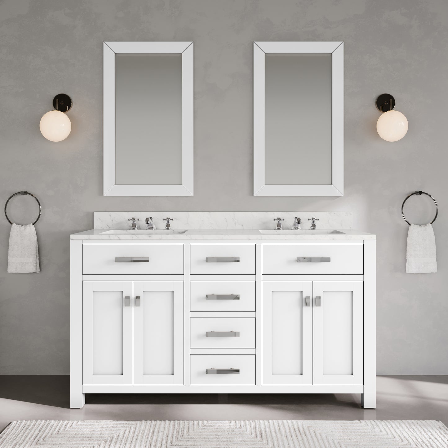 Madison 60 in. Vanity in Modern White with Marble Vanity Top in Carrara White | Water Creation