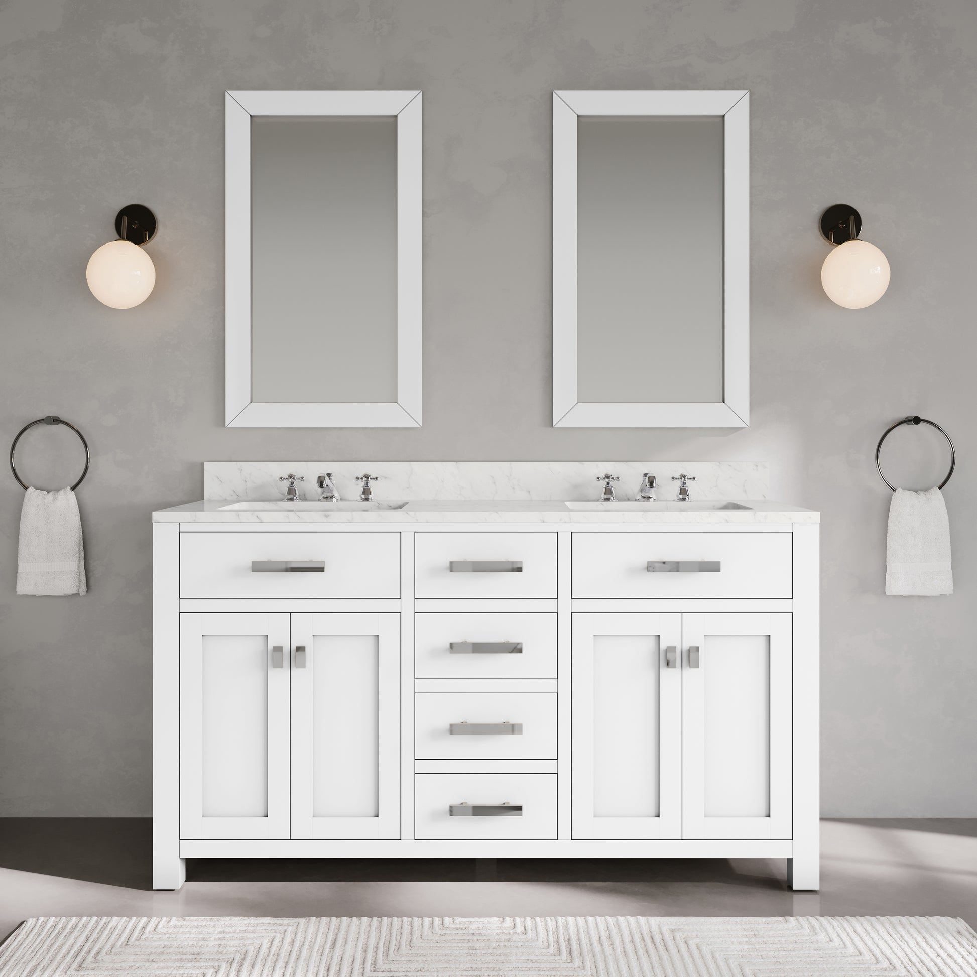 Madison 60 in. Vanity in Modern White with Marble Vanity Top in Carrara White | Water Creation