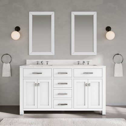 Madison 60 in. Vanity in Modern White with Marble Vanity Top in Carrara White | Water Creation