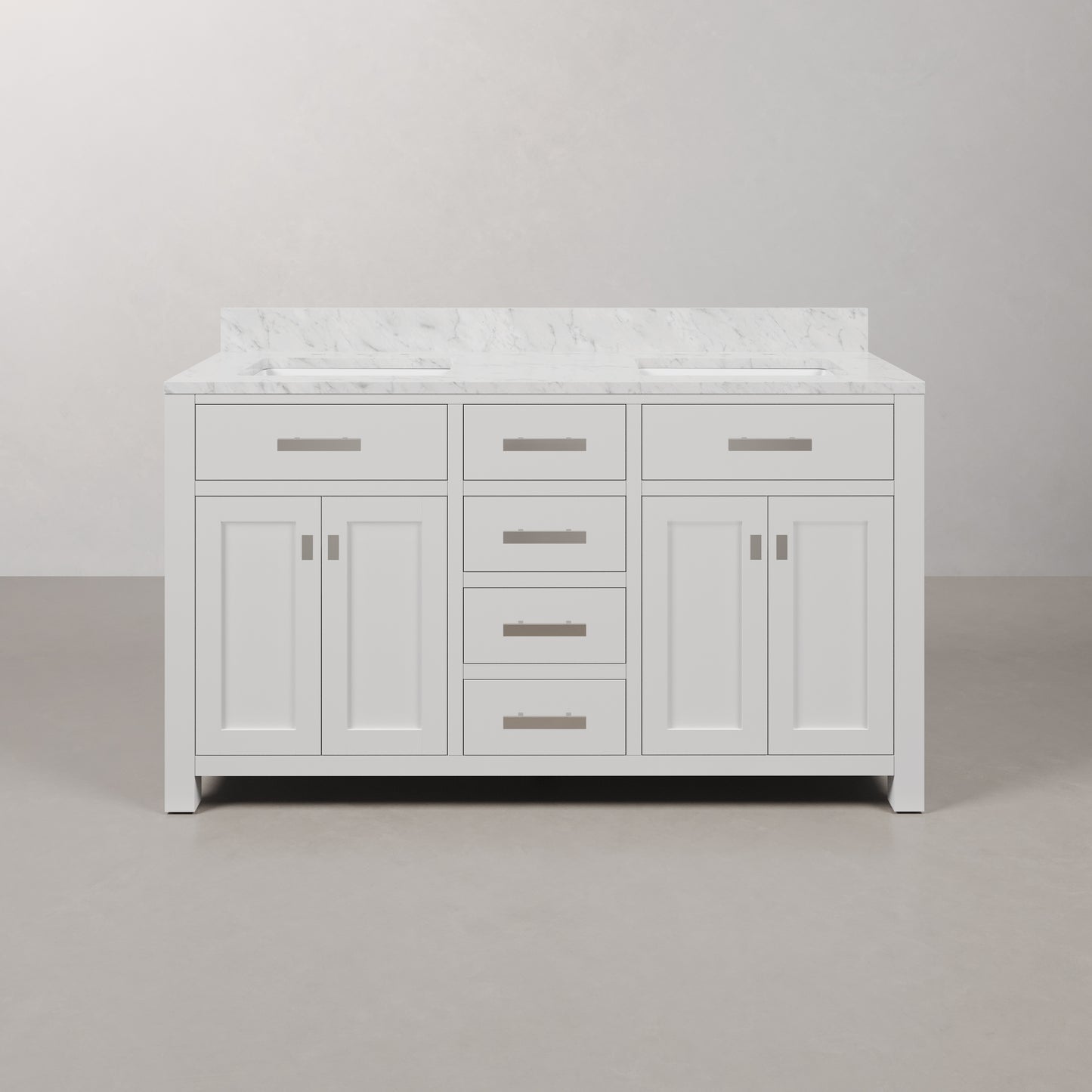 Madison 60 in. Vanity in Modern White with Marble Vanity Top in Carrara White | Water Creation