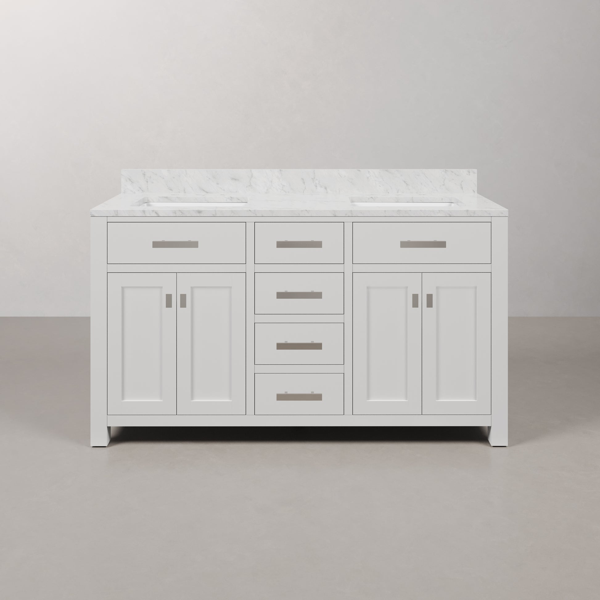 Madison 60 in. Vanity in Modern White with Marble Vanity Top in Carrara White | Water Creation