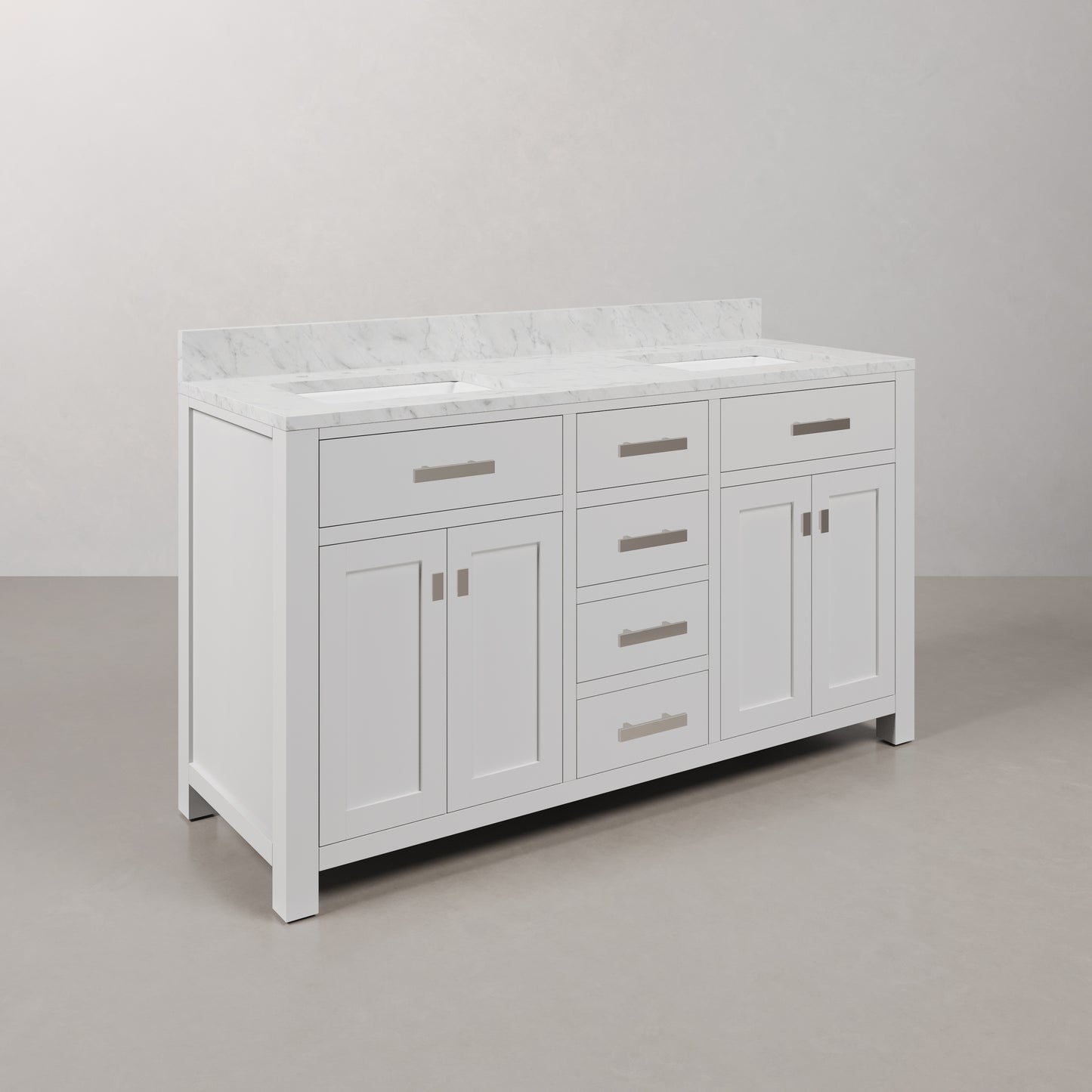 Madison 60 in. Vanity in Modern White with Marble Vanity Top in Carrara White | Water Creation