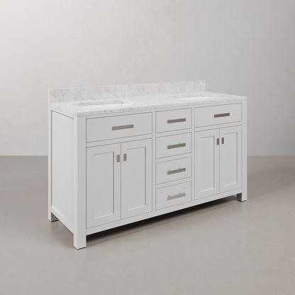 Madison 60 in. Vanity in Modern White with Marble Vanity Top in Carrara White | Water Creation