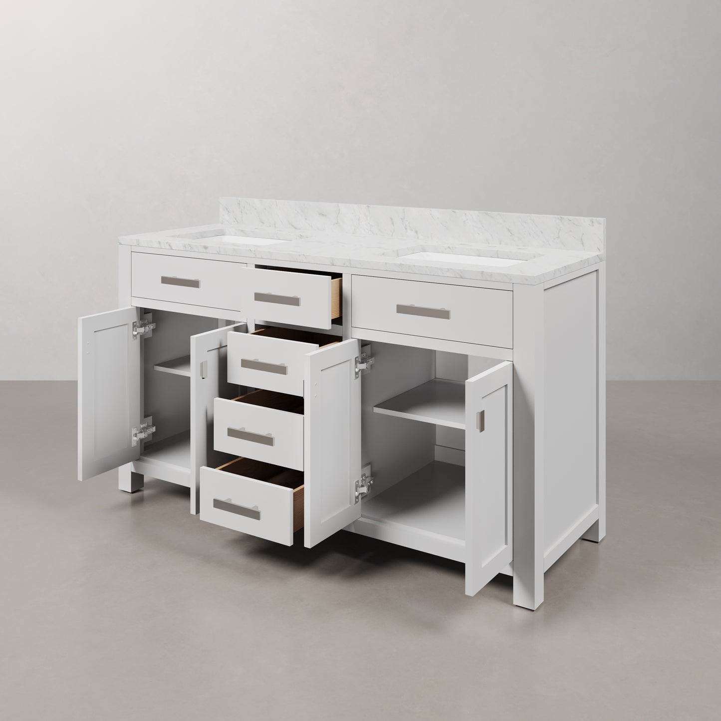 Madison 60 in. Vanity in Modern White with Marble Vanity Top in Carrara White | Water Creation