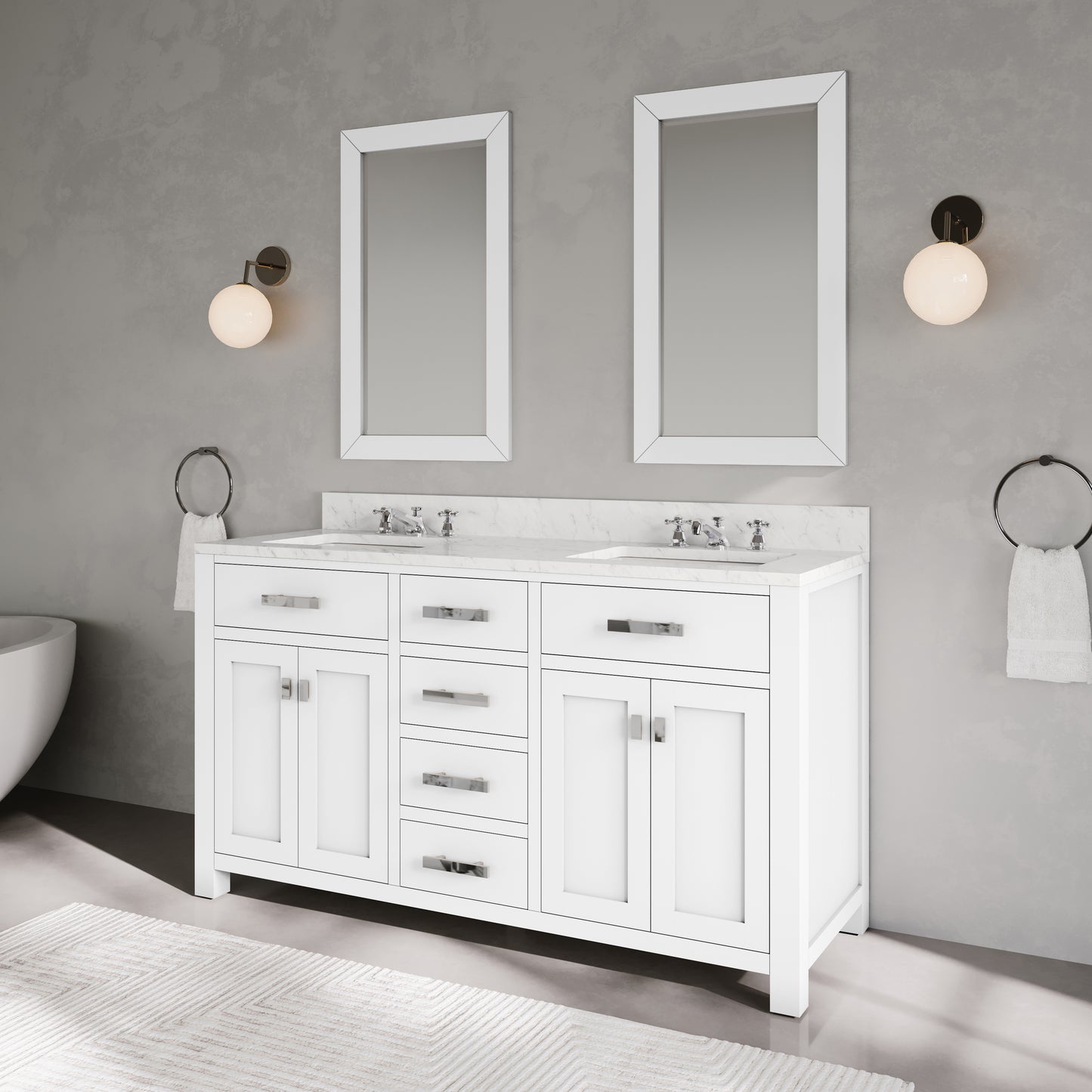 Madison 60 in. Vanity in Modern White with Marble Vanity Top in Carrara White | Water Creation