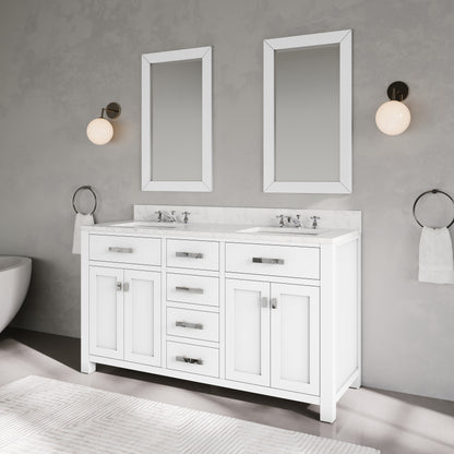 Madison 60 in. Vanity in Modern White with Marble Vanity Top in Carrara White | Water Creation