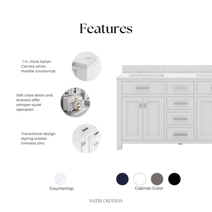 Madison 60 in. Vanity in Modern White with Marble Vanity Top in Carrara White | Water Creation