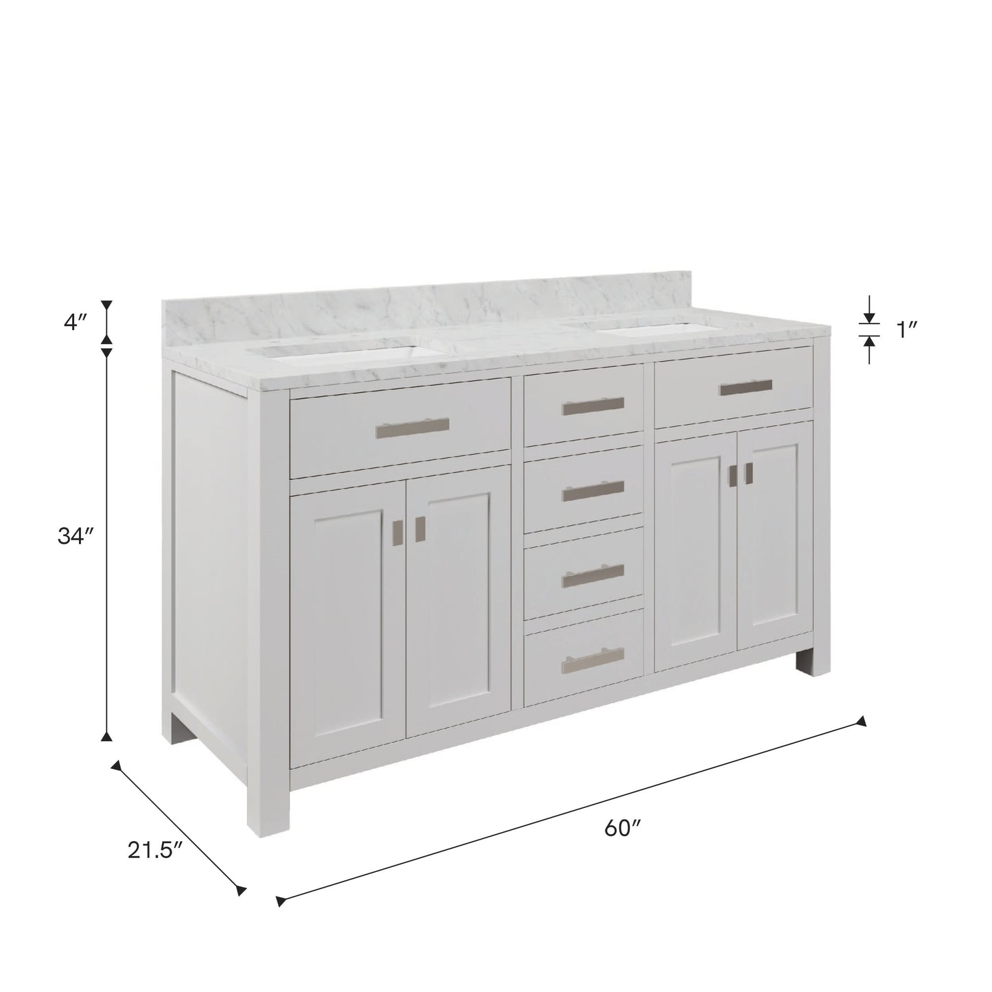 Madison 60 in. Vanity in Modern White with Marble Vanity Top in Carrara White | Water Creation