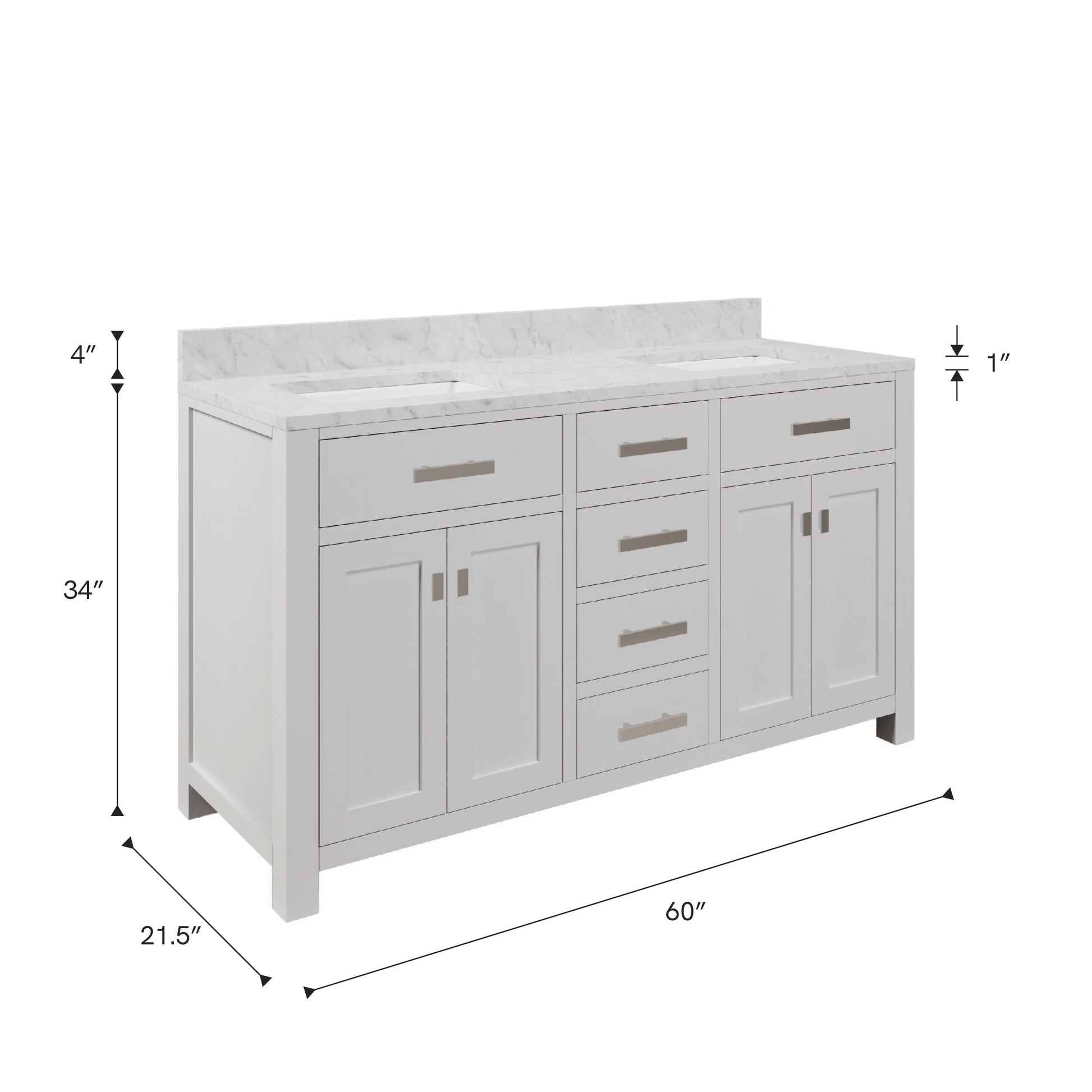 Madison 60 in. Vanity in Modern White with Marble Vanity Top in Carrara White | Water Creation