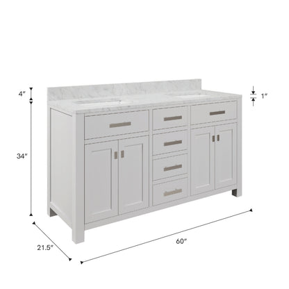 Madison 60 in. Vanity in Modern White with Marble Vanity Top in Carrara White | Water Creation