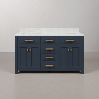 Madison 60 in. W Bath Vanity in Monarch Blue with Marble Vanity Top in Carrara White with White Basin(s) | Water Creation
