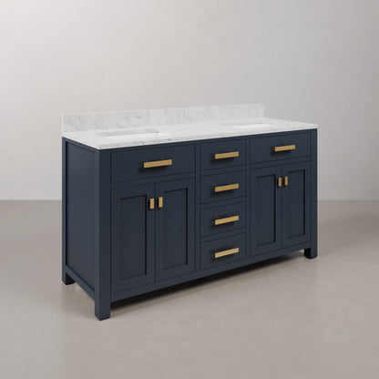 Madison 60 in. W Bath Vanity in Monarch Blue with Marble Vanity Top in Carrara White with White Basin(s) | Water Creation