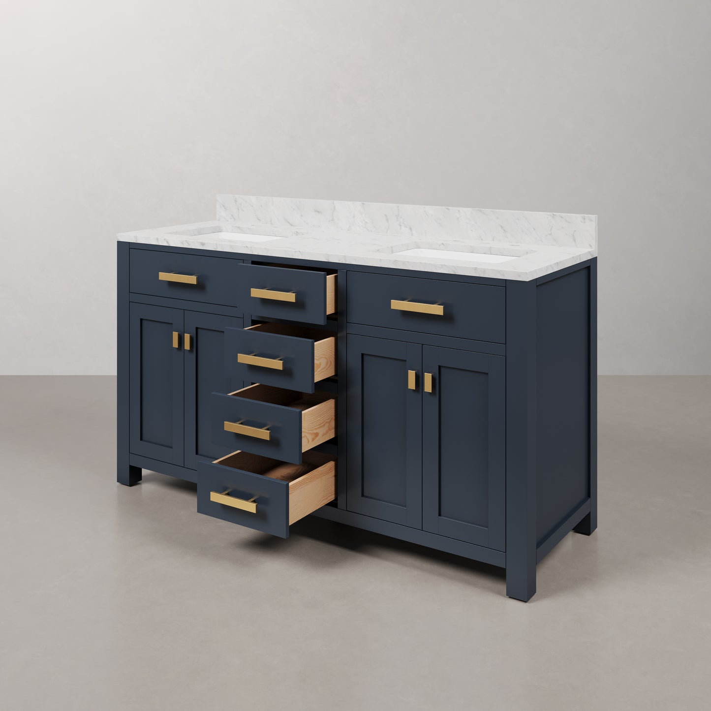 Madison 60 in. W Bath Vanity in Monarch Blue with Marble Vanity Top in Carrara White with White Basin(s) | Water Creation