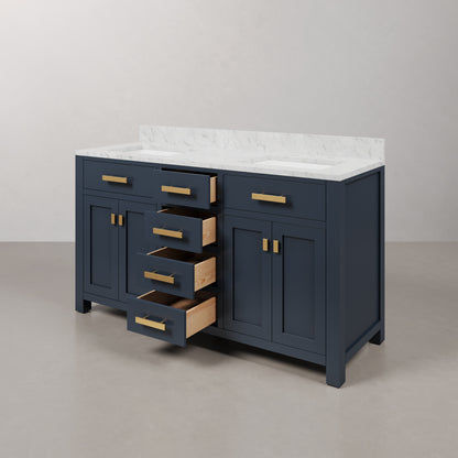 Madison 60 in. W Bath Vanity in Monarch Blue with Marble Vanity Top in Carrara White with White Basin(s) | Water Creation
