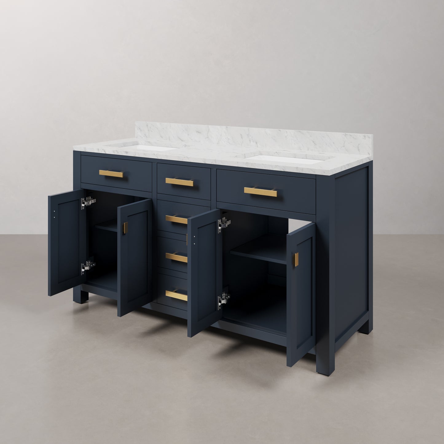 Madison 60 in. W Bath Vanity in Monarch Blue with Marble Vanity Top in Carrara White with White Basin(s) | Water Creation