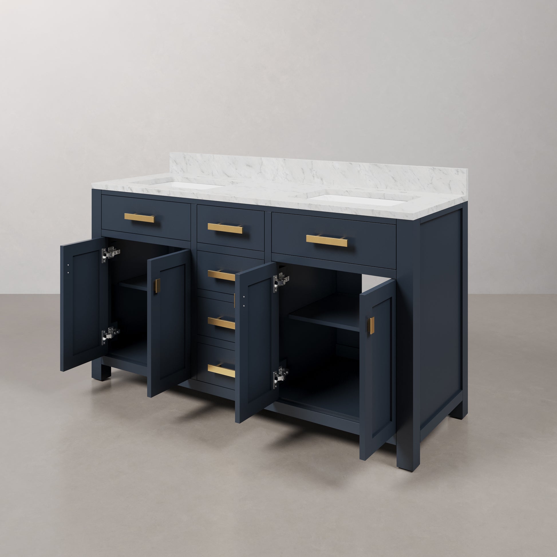 Madison 60 in. W Bath Vanity in Monarch Blue with Marble Vanity Top in Carrara White with White Basin(s) | Water Creation