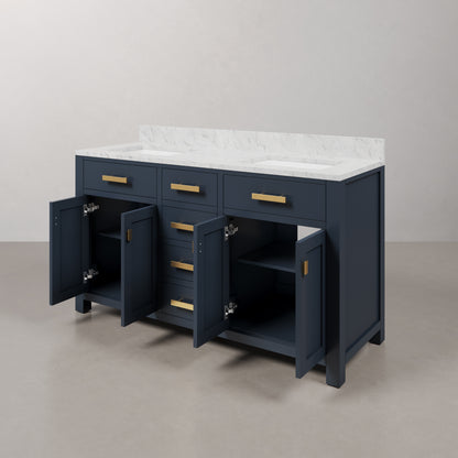 Madison 60 in. W Bath Vanity in Monarch Blue with Marble Vanity Top in Carrara White with White Basin(s) | Water Creation