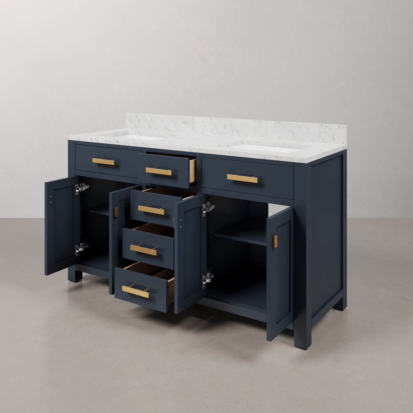 Madison 60 in. W Bath Vanity in Monarch Blue with Marble Vanity Top in Carrara White with White Basin(s) | Water Creation