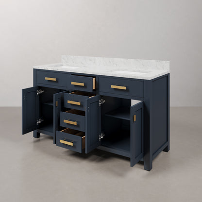 Madison 60 in. W Bath Vanity in Monarch Blue with Marble Vanity Top in Carrara White with White Basin(s) | Water Creation