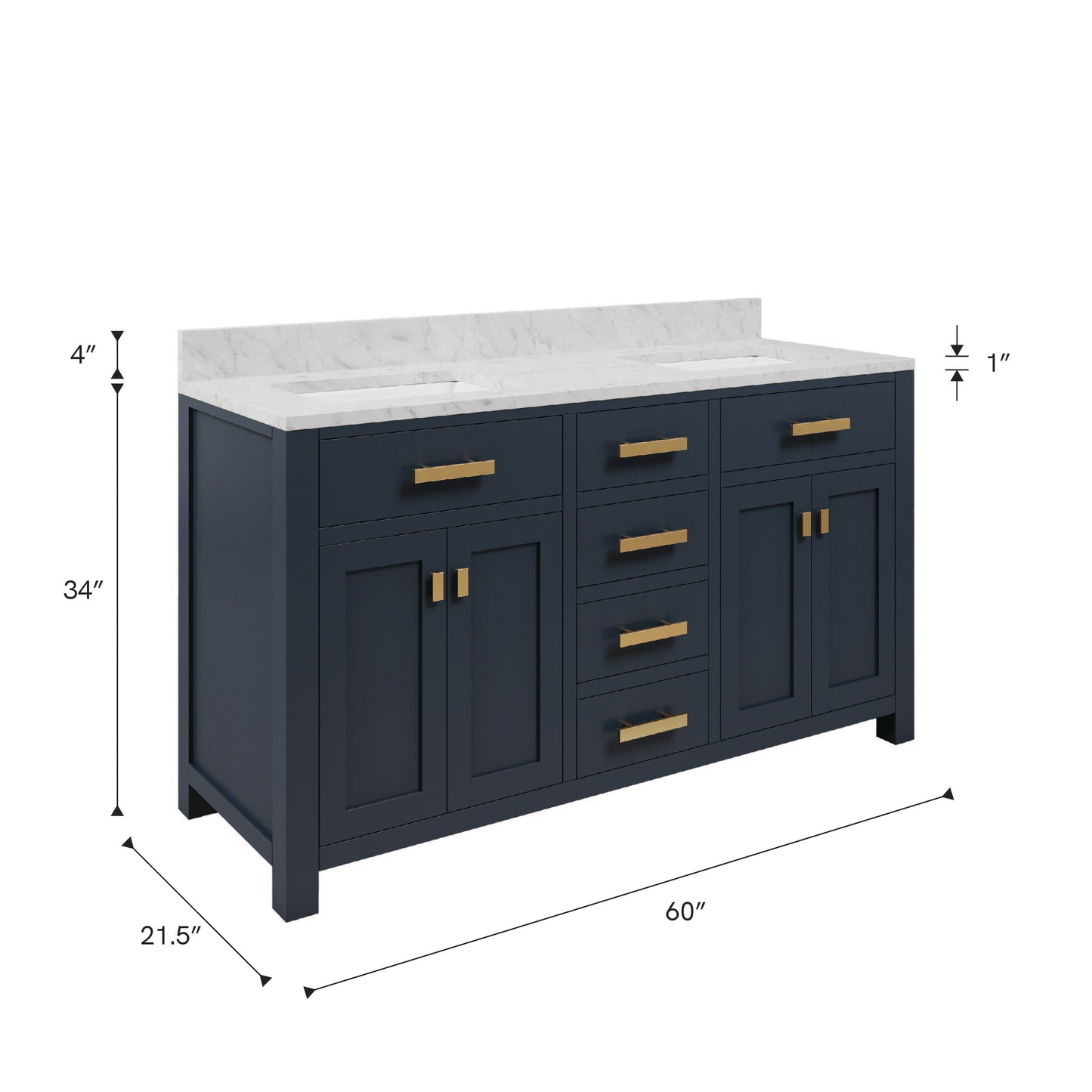 Madison 60 in. W Bath Vanity in Monarch Blue with Marble Vanity Top in Carrara White with White Basin(s) | Water Creation