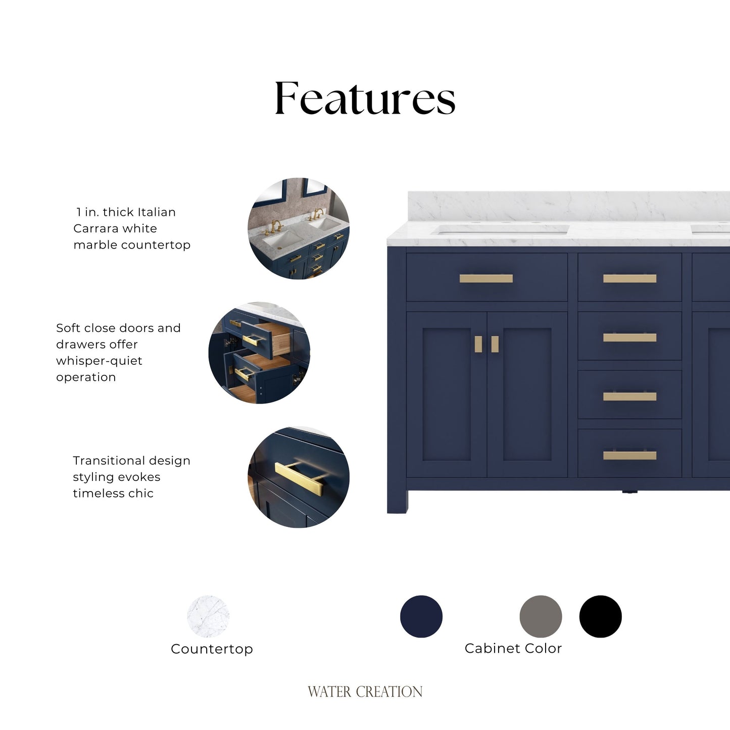 Madison 60 in. W Bath Vanity in Monarch Blue with Marble Vanity Top in Carrara White with White Basin(s) | Water Creation