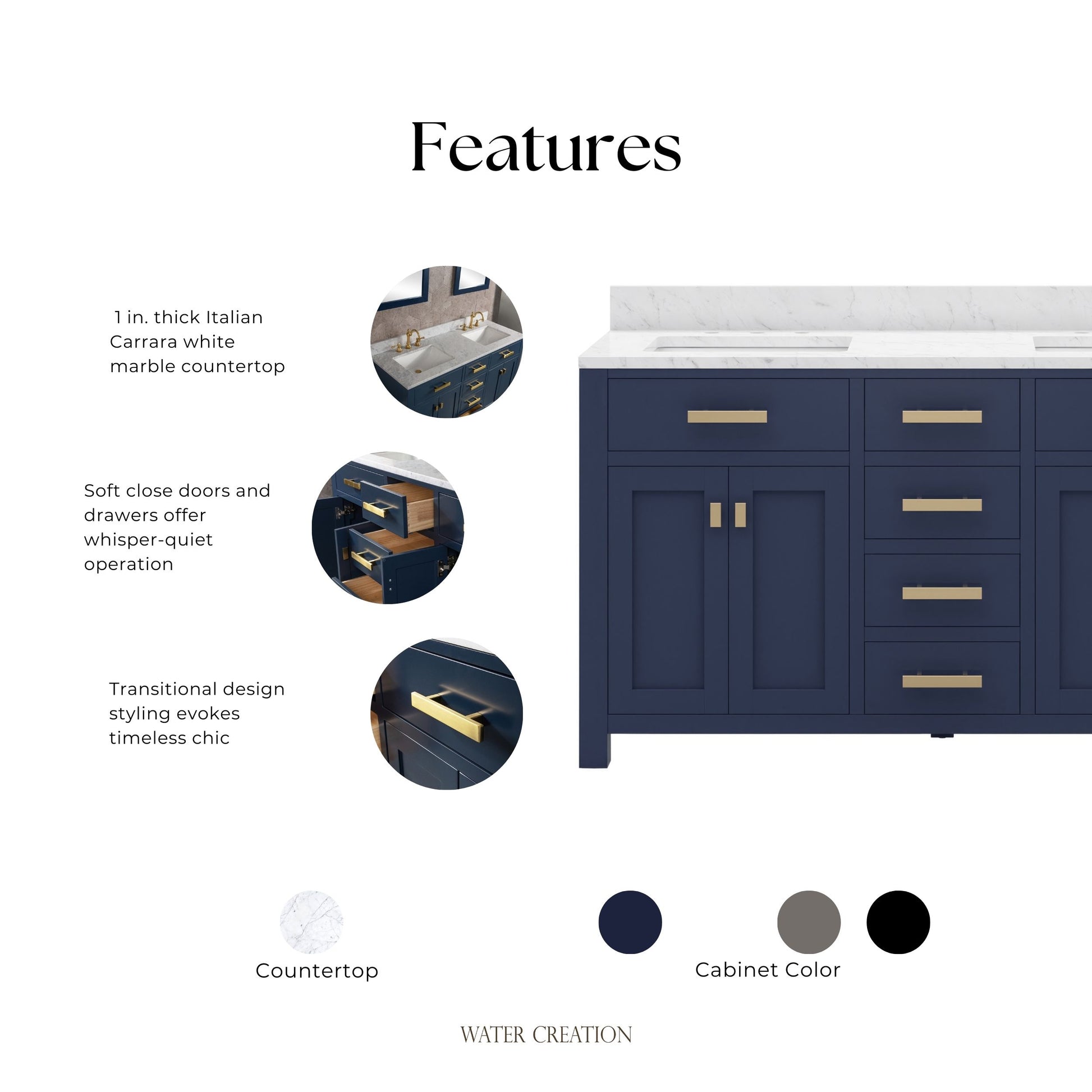 Madison 60 in. W Bath Vanity in Monarch Blue with Marble Vanity Top in Carrara White with White Basin(s) | Water Creation