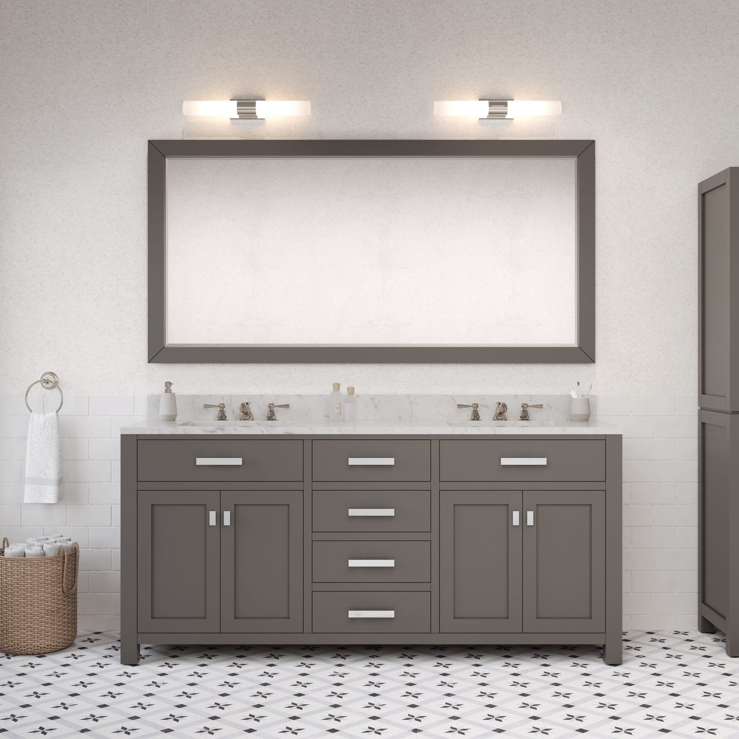 Madison 72 in. W x 21 in. D x 34 in. H Vanity in Cashmere Grey with Marble Vanity Top in Carrara White | Water Creation