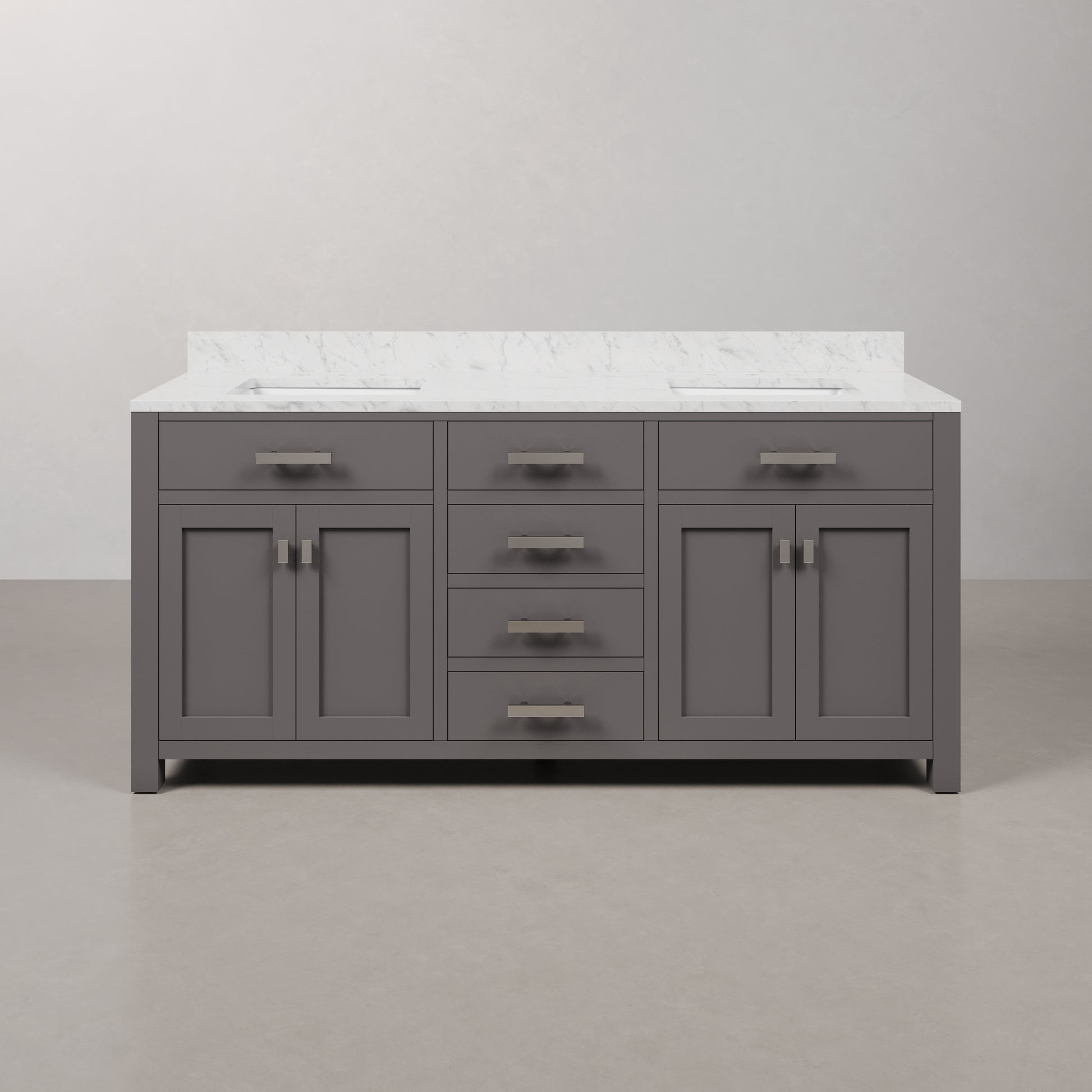 Madison 72 in. W x 21 in. D x 34 in. H Vanity in Cashmere Grey with Marble Vanity Top in Carrara White | Water Creation