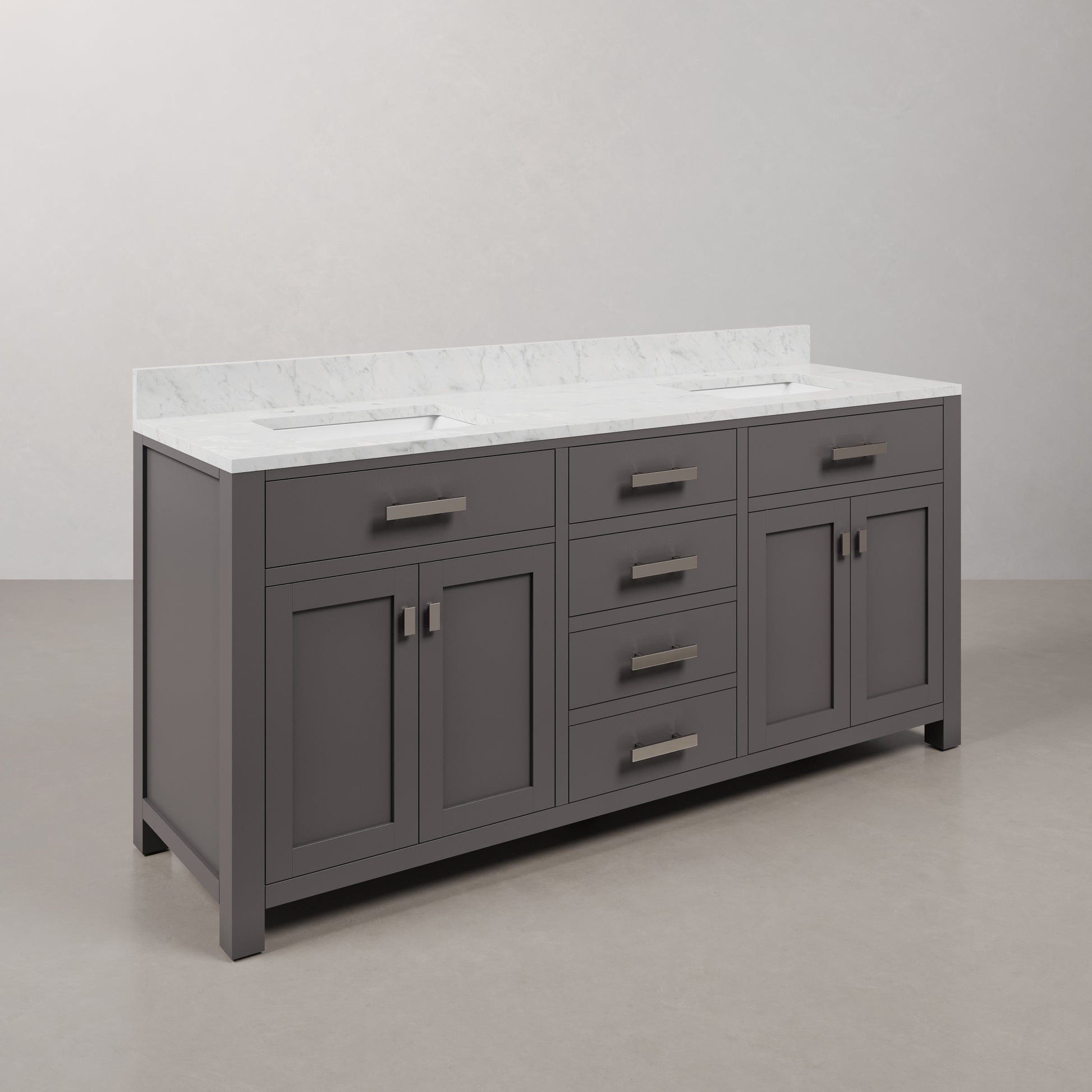 Madison 72 in. W x 21 in. D x 34 in. H Vanity in Cashmere Grey with Marble Vanity Top in Carrara White | Water Creation