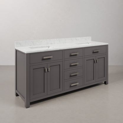 Madison 72 in. W x 21 in. D x 34 in. H Vanity in Cashmere Grey with Marble Vanity Top in Carrara White | Water Creation