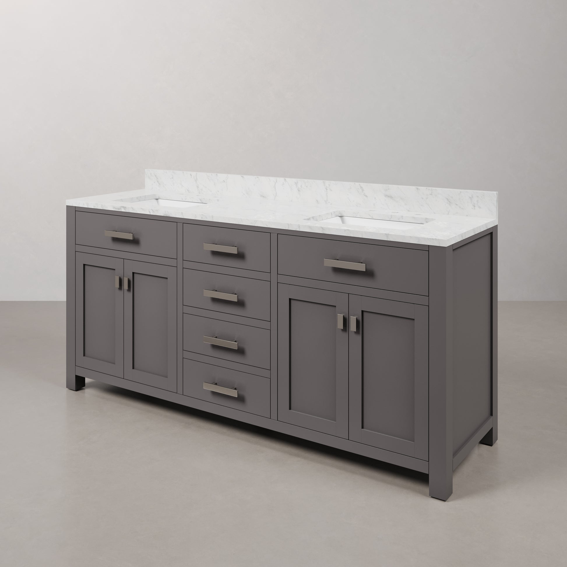 Madison 72 in. W x 21 in. D x 34 in. H Vanity in Cashmere Grey with Marble Vanity Top in Carrara White | Water Creation
