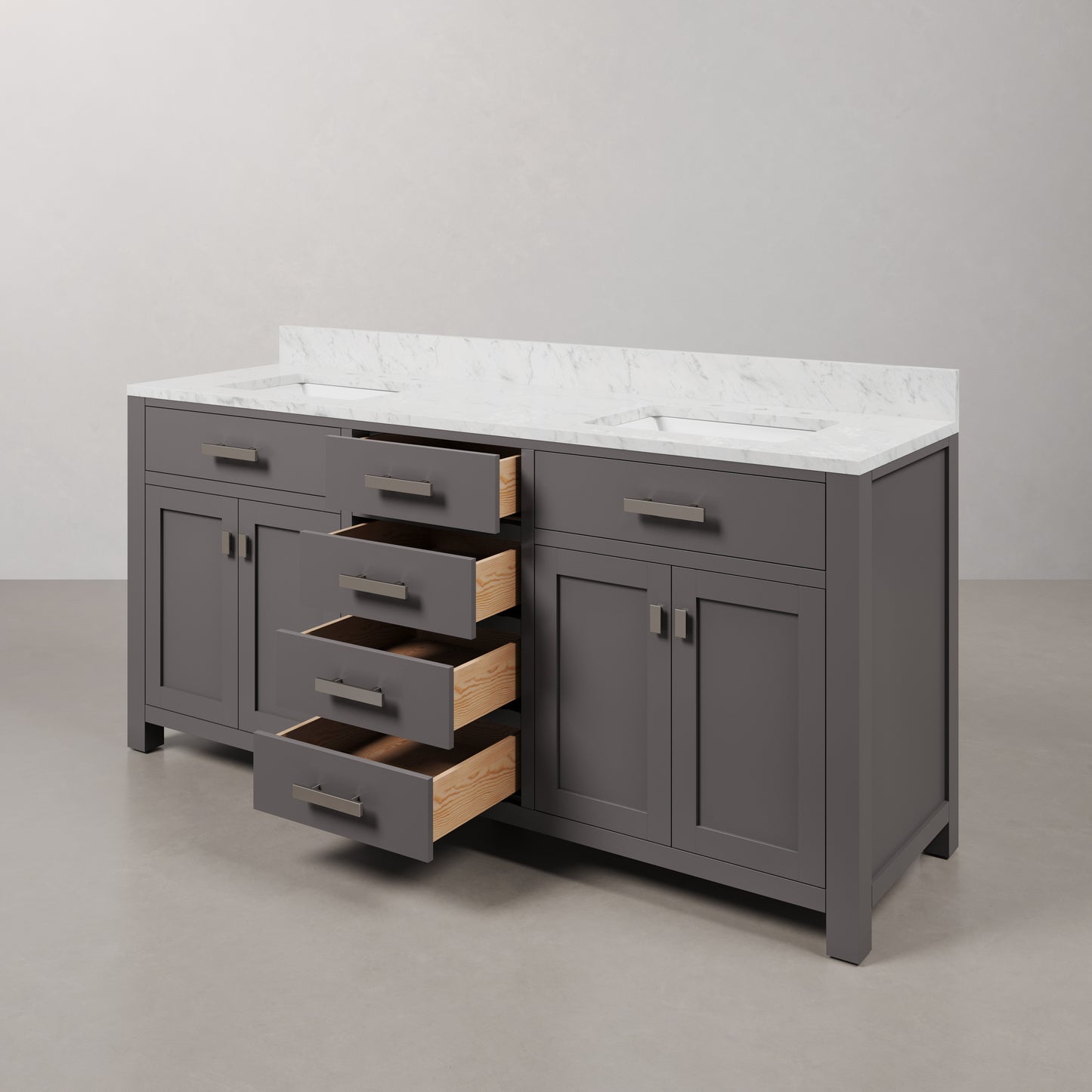 Madison 72 in. W x 21 in. D x 34 in. H Vanity in Cashmere Grey with Marble Vanity Top in Carrara White | Water Creation