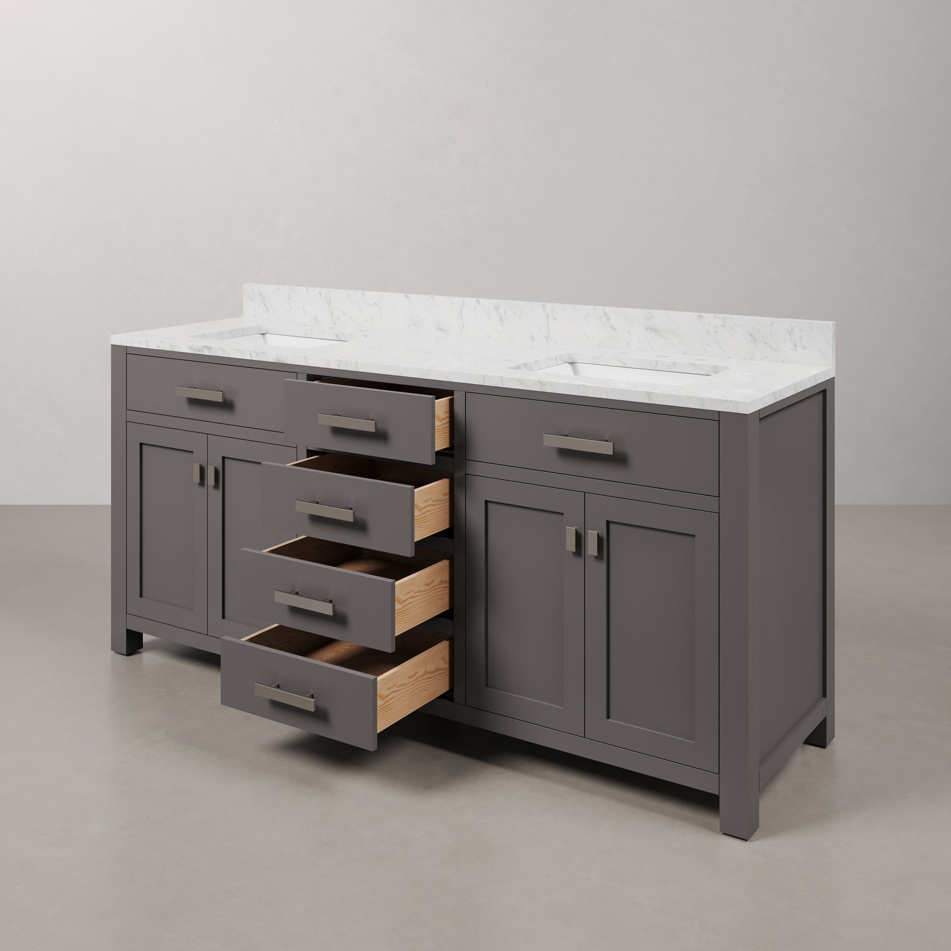 Madison 72 in. W x 21 in. D x 34 in. H Vanity in Cashmere Grey with Marble Vanity Top in Carrara White | Water Creation