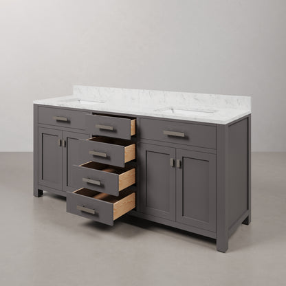 Madison 72 in. W x 21 in. D x 34 in. H Vanity in Cashmere Grey with Marble Vanity Top in Carrara White | Water Creation