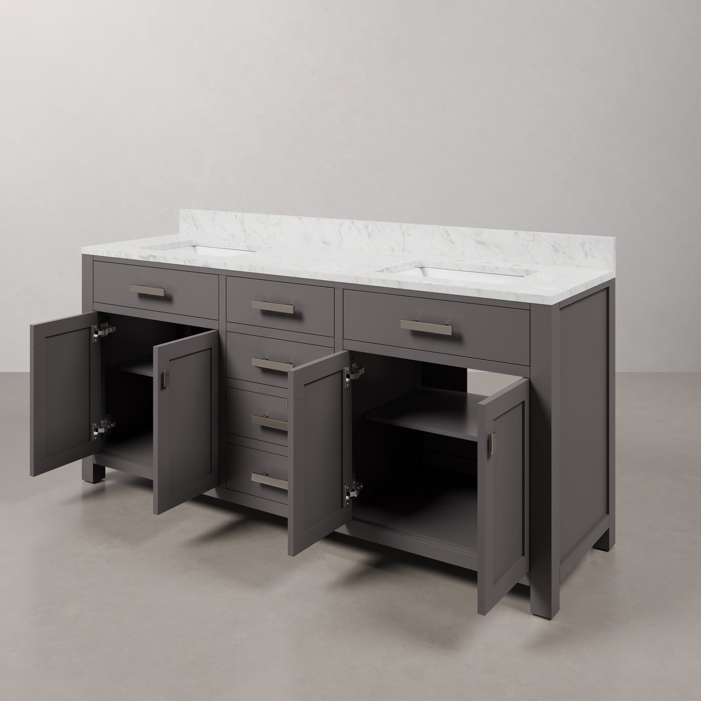 Madison 72 in. W x 21 in. D x 34 in. H Vanity in Cashmere Grey with Marble Vanity Top in Carrara White | Water Creation