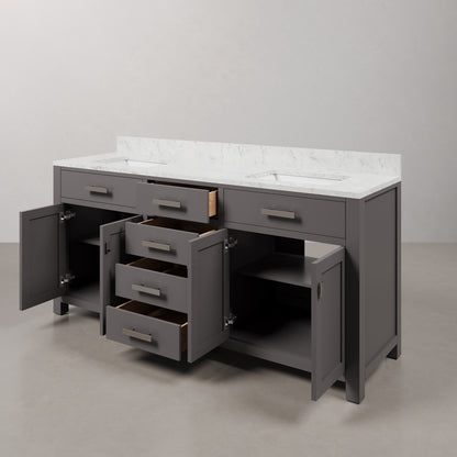 Madison 72 in. W x 21 in. D x 34 in. H Vanity in Cashmere Grey with Marble Vanity Top in Carrara White | Water Creation