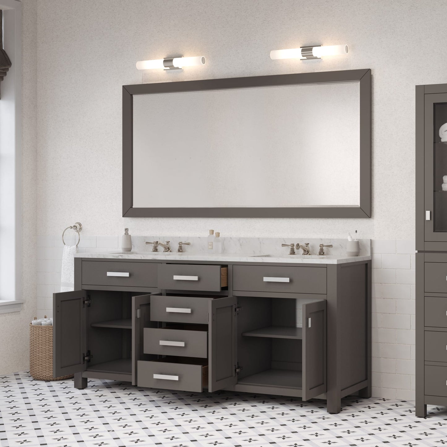 Madison 72 in. W x 21 in. D x 34 in. H Vanity in Cashmere Grey with Marble Vanity Top in Carrara White | Water Creation