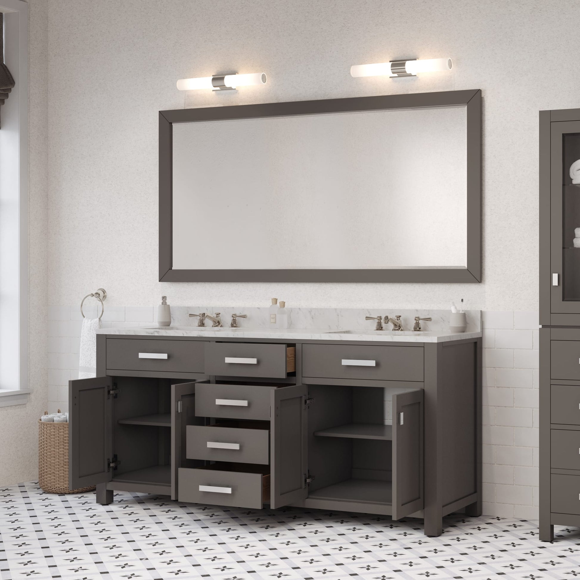 Madison 72 in. W x 21 in. D x 34 in. H Vanity in Cashmere Grey with Marble Vanity Top in Carrara White | Water Creation