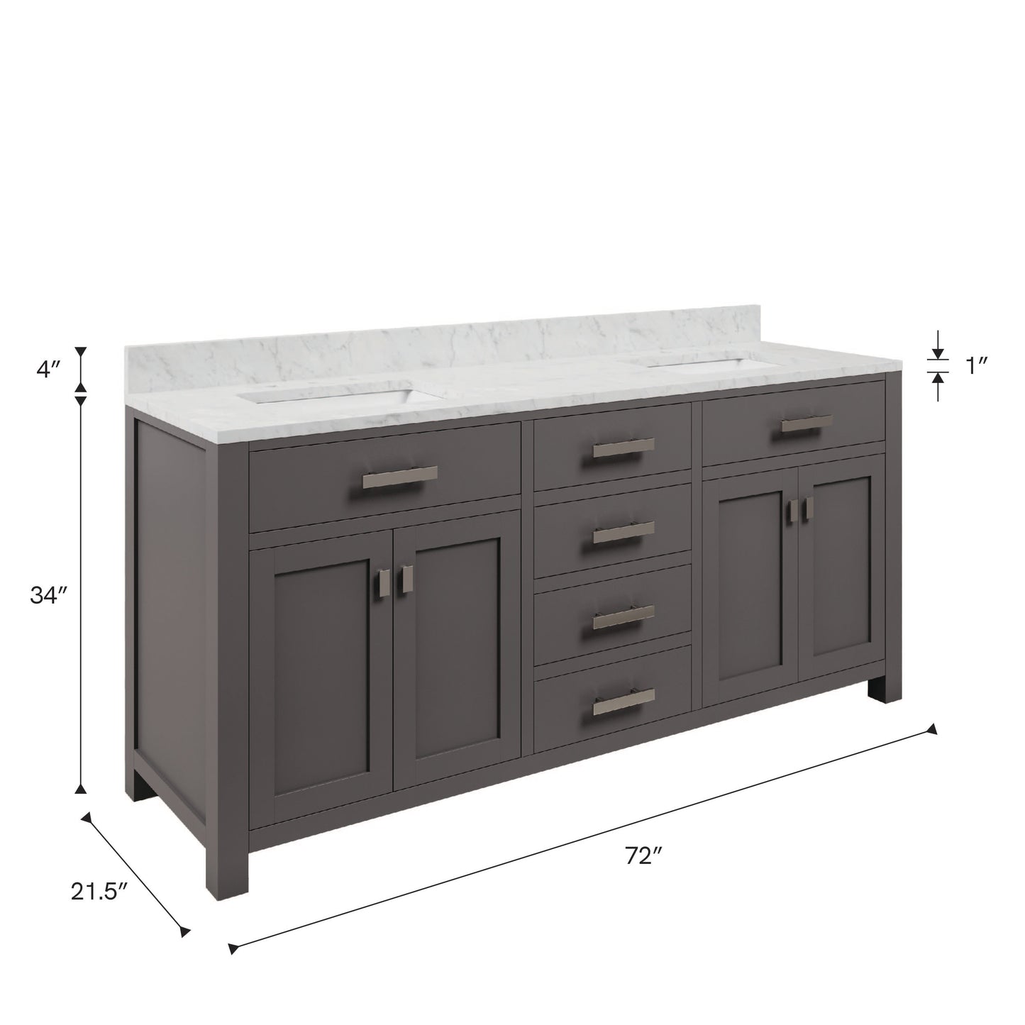 Madison 72 in. W x 21 in. D x 34 in. H Vanity in Cashmere Grey with Marble Vanity Top in Carrara White | Water Creation