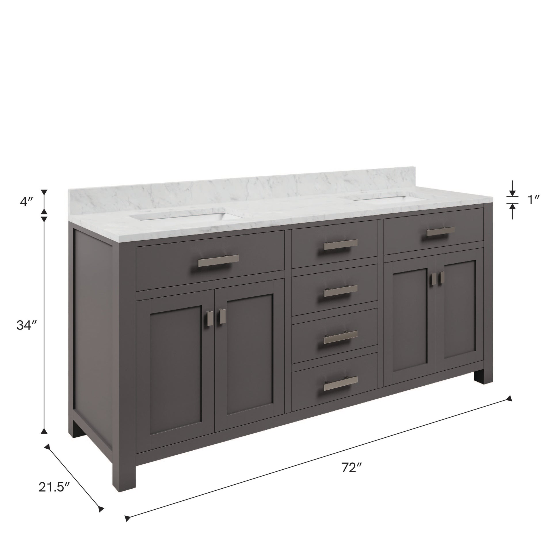 Madison 72 in. W x 21 in. D x 34 in. H Vanity in Cashmere Grey with Marble Vanity Top in Carrara White | Water Creation