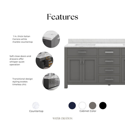 Madison 72 in. W x 21 in. D x 34 in. H Vanity in Cashmere Grey with Marble Vanity Top in Carrara White | Water Creation