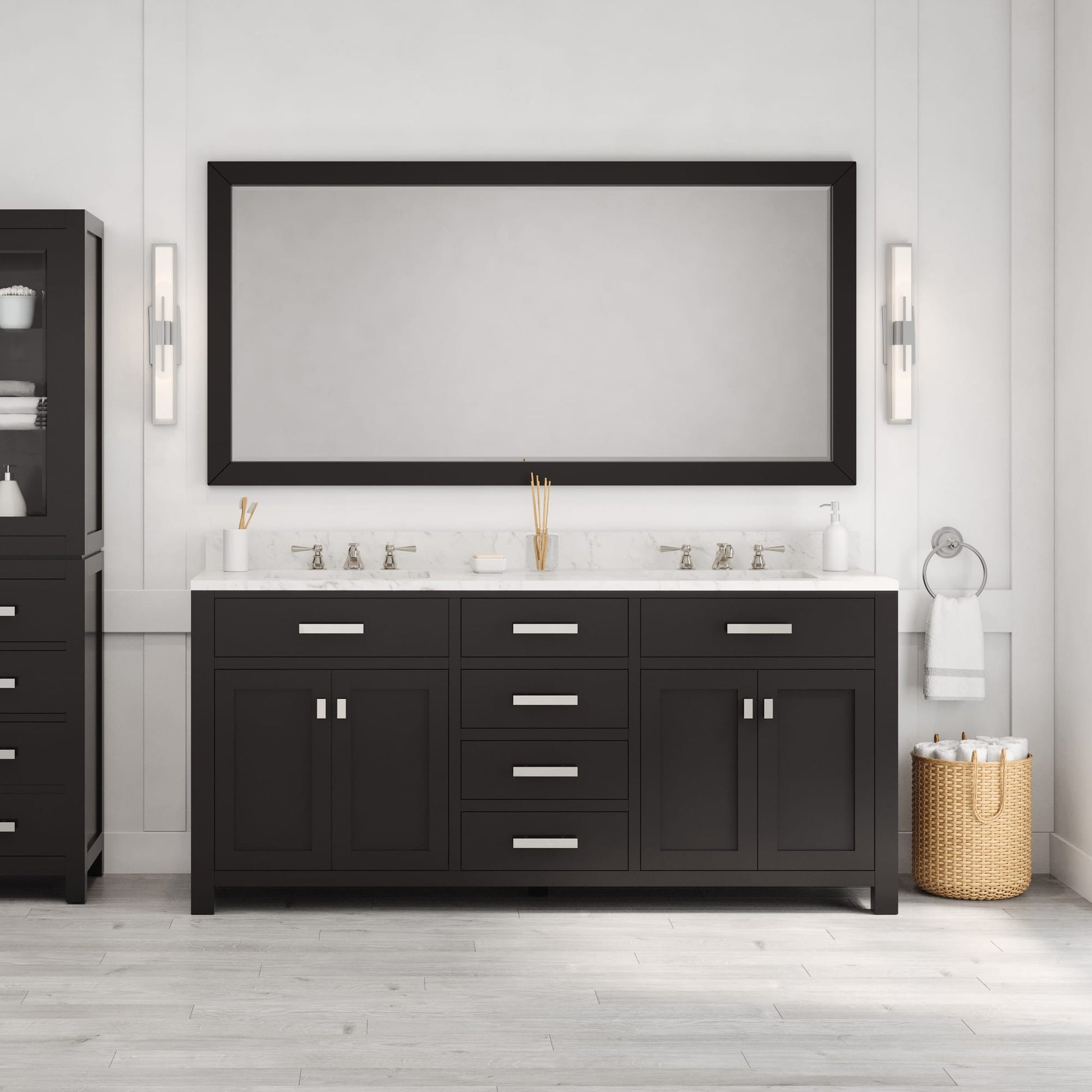 Madison 72 in. W x 21.5 in. D x 34 in. H Double Sink Bath Vanity in Espresso with Carrara White Marble Top | Water Creation
