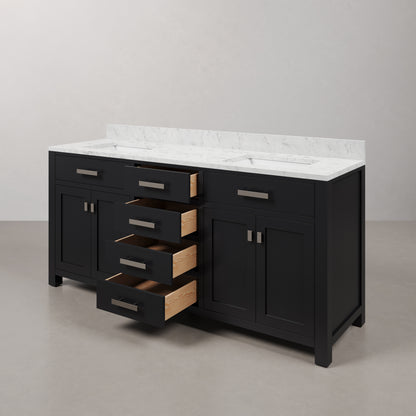 Madison 72 in. W x 21.5 in. D x 34 in. H Double Sink Bath Vanity in Espresso with Carrara White Marble Top | Water Creation