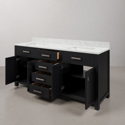 Madison 72 in. W x 21.5 in. D x 34 in. H Double Sink Bath Vanity in Espresso with Carrara White Marble Top | Water Creation