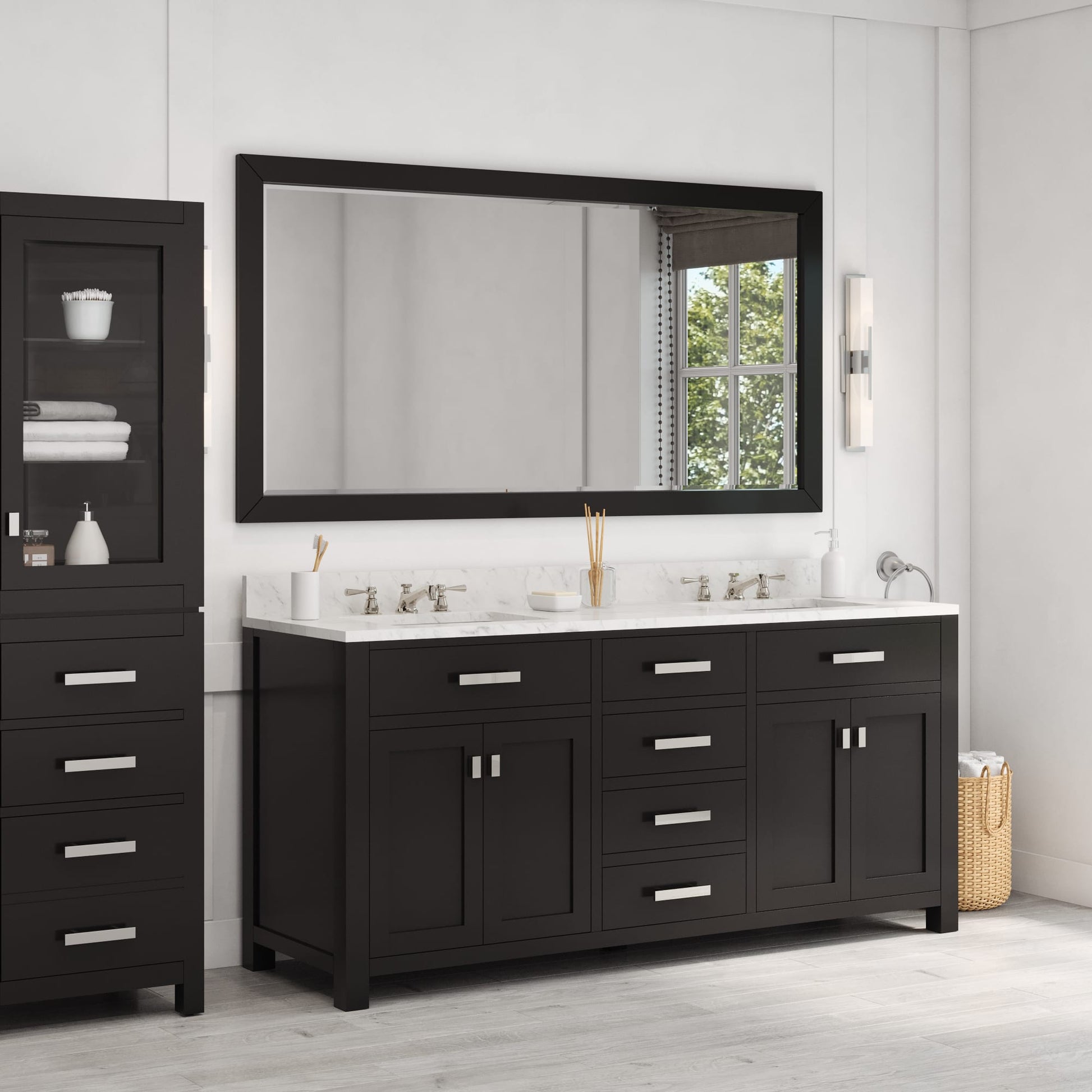 Madison 72 in. W x 21.5 in. D x 34 in. H Double Sink Bath Vanity in Espresso with Carrara White Marble Top | Water Creation